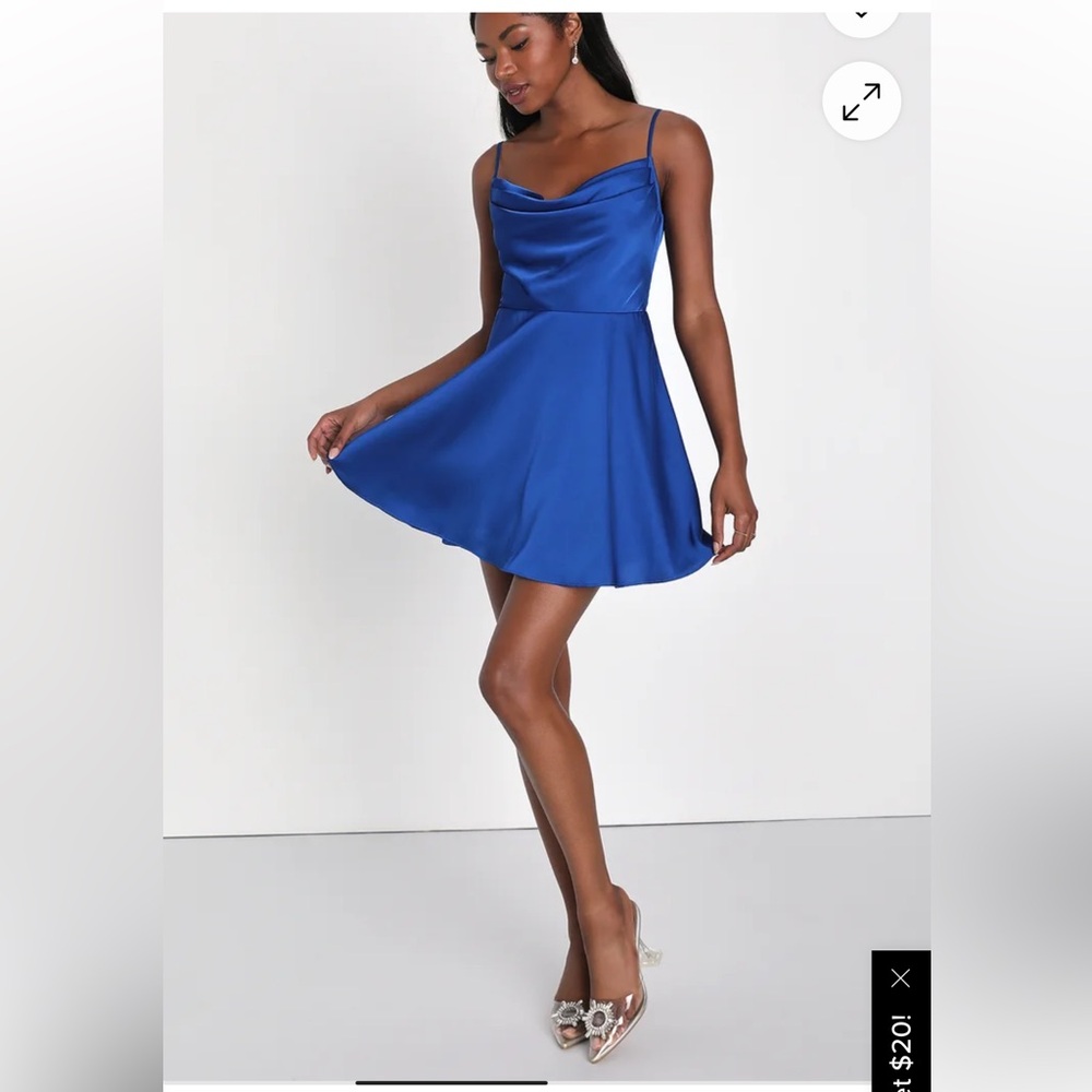 Fanciful Flirt Royal Blue Satin Cowl Neck Skater Mini Dress
NWT